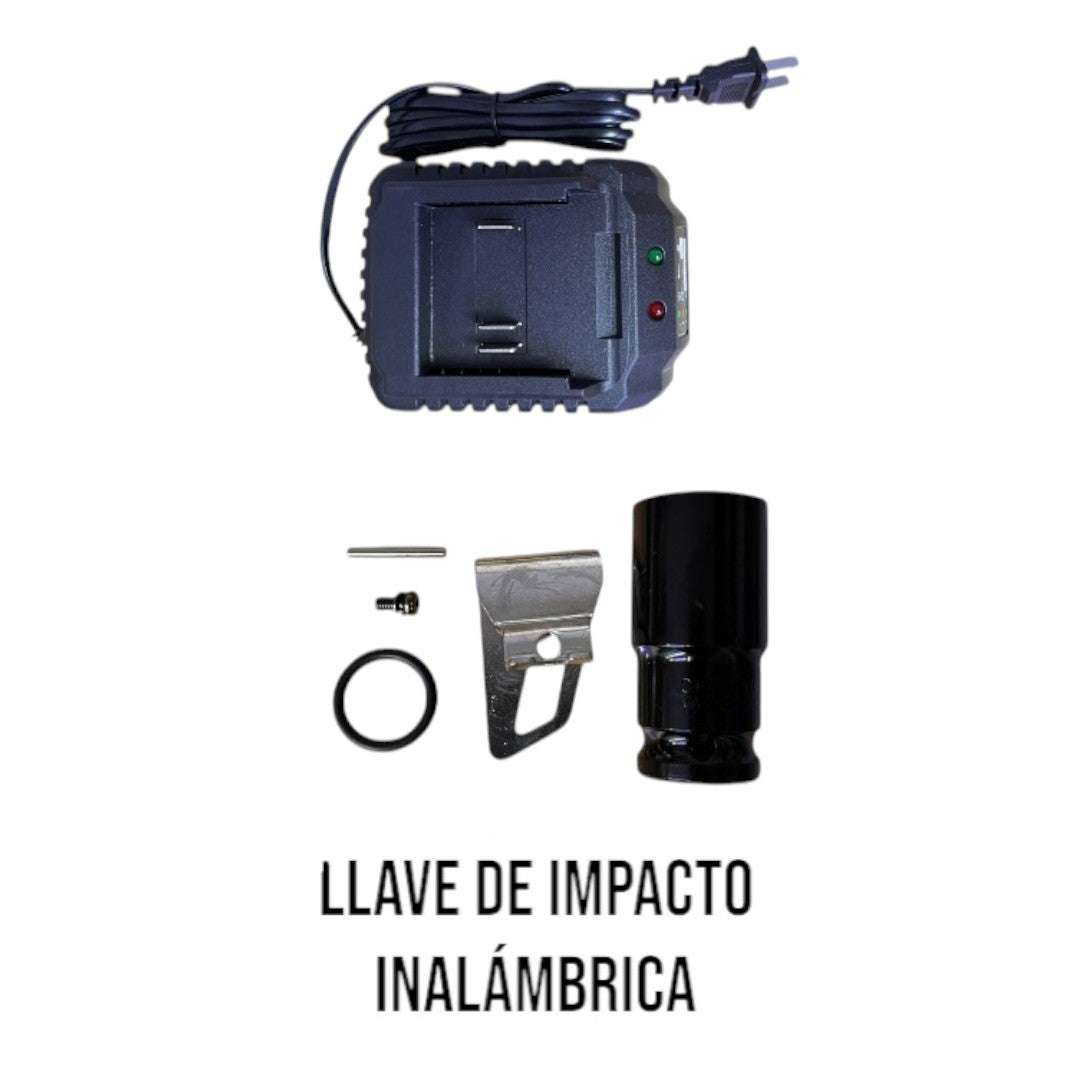 Cargador, broche metálico, anillo y accesorio tipo dado mostrados junto al kit de llave de impacto