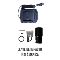 Cargador, broche metálico, anillo y accesorio tipo dado mostrados junto al kit de llave de impacto