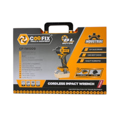 Empaque de la llave de impacto Coofix CF-IW009 con imagen del producto y accesorios