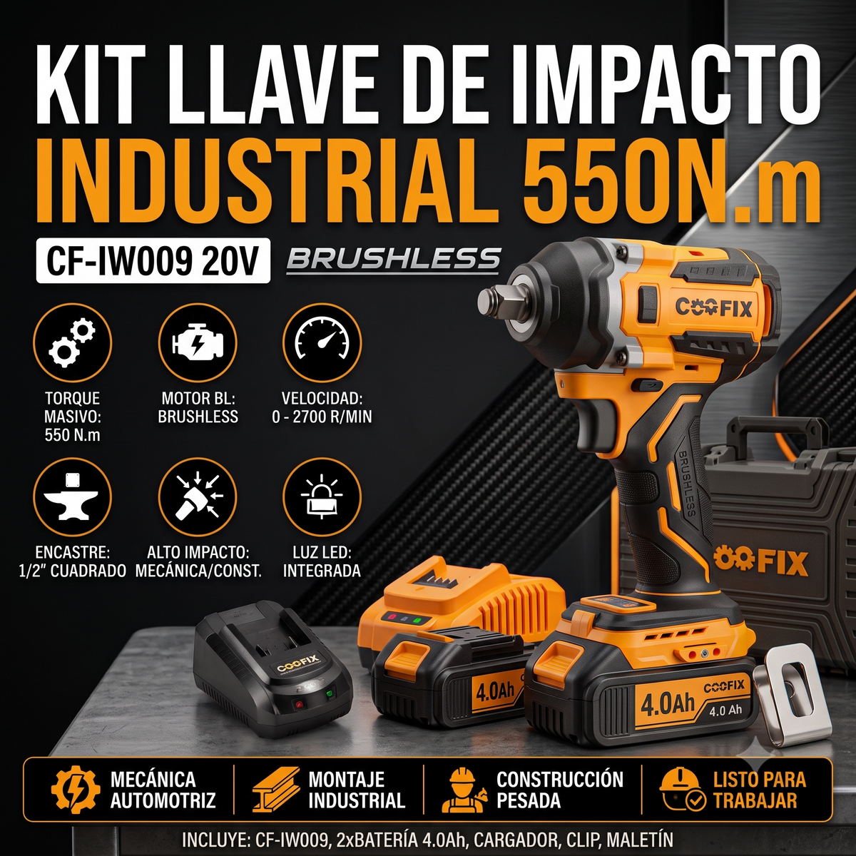 Gráfica promocional del taladro de impacto Coofix CF-IW009 con imagen del producto, estuche y cargador