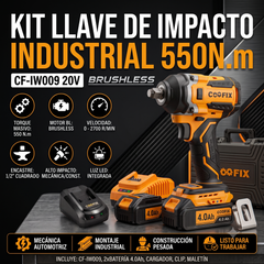 Gráfica promocional del taladro de impacto Coofix CF-IW009 con imagen del producto, estuche y cargador