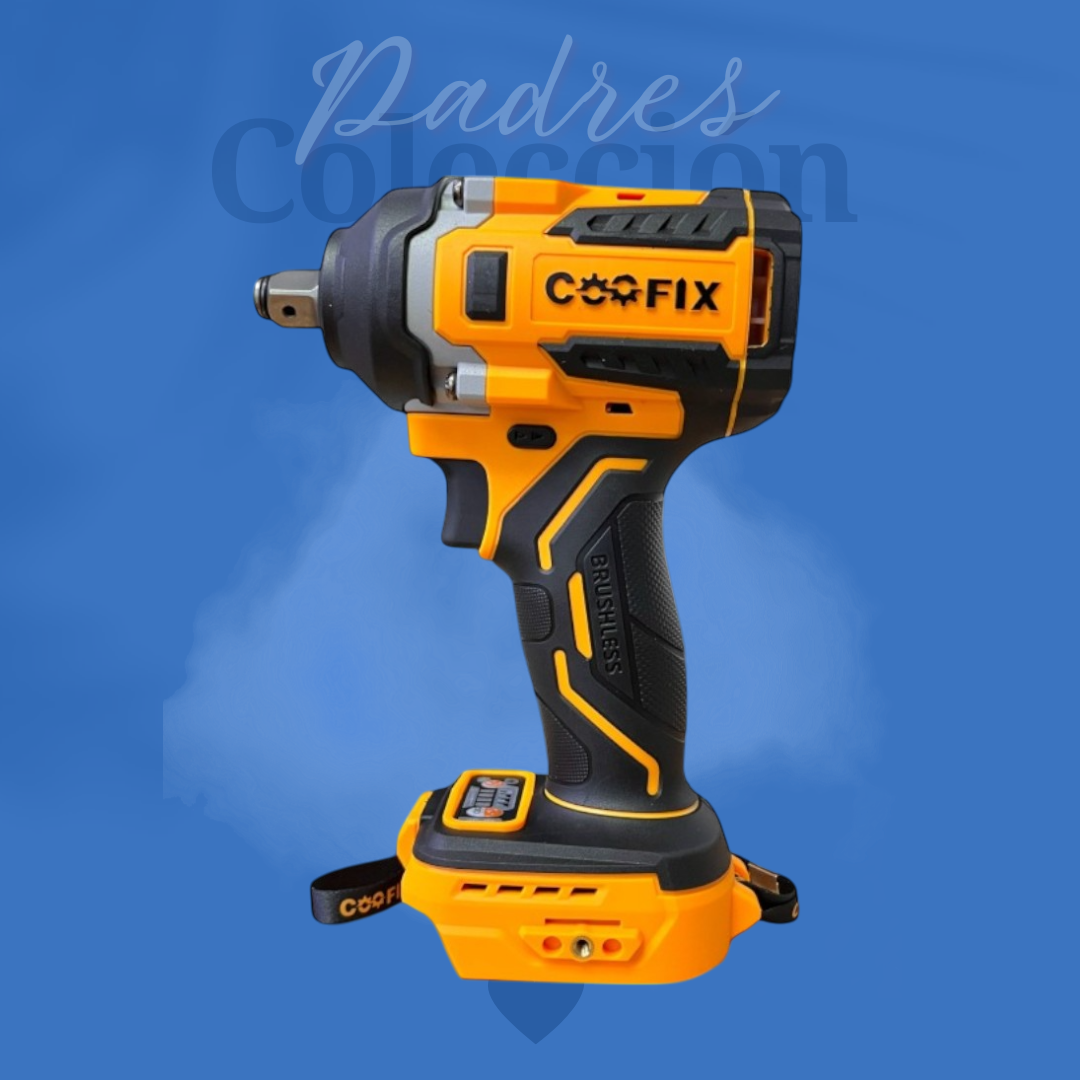 Imagen promocional del taladro de impacto Coofix aislado sobre fondo azul