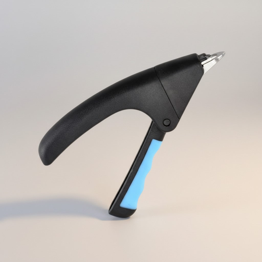 Render de producto del cortaúñas NS369630 negro con empuñadura azul y hoja metálica.