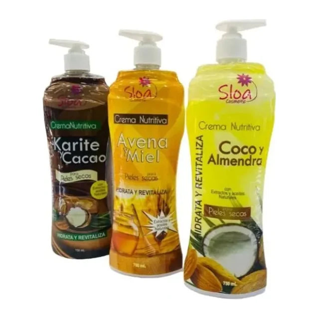Tres envases con bomba de crema nutritiva Sloa Cosmetics de 750 ml, para piel seca, en versiones karité y cacao, avena y miel, y coco y almendra.