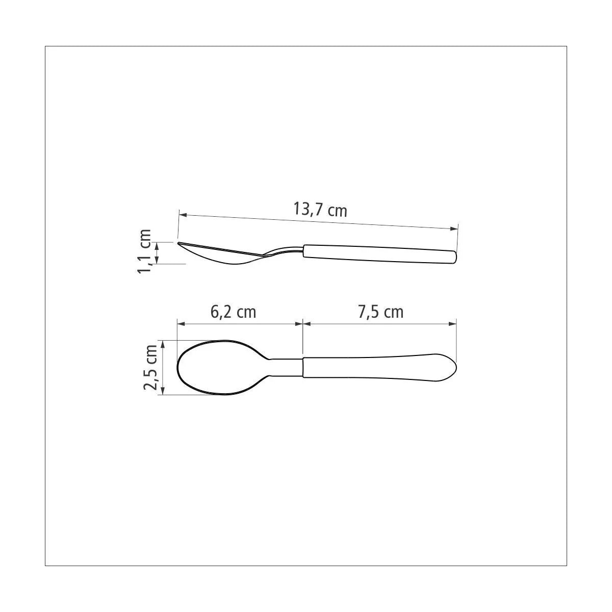 Diagrama oficial de cuchara Tramontina Leme 23187/400: largo 13,7 cm y dimensiones del cuenco.