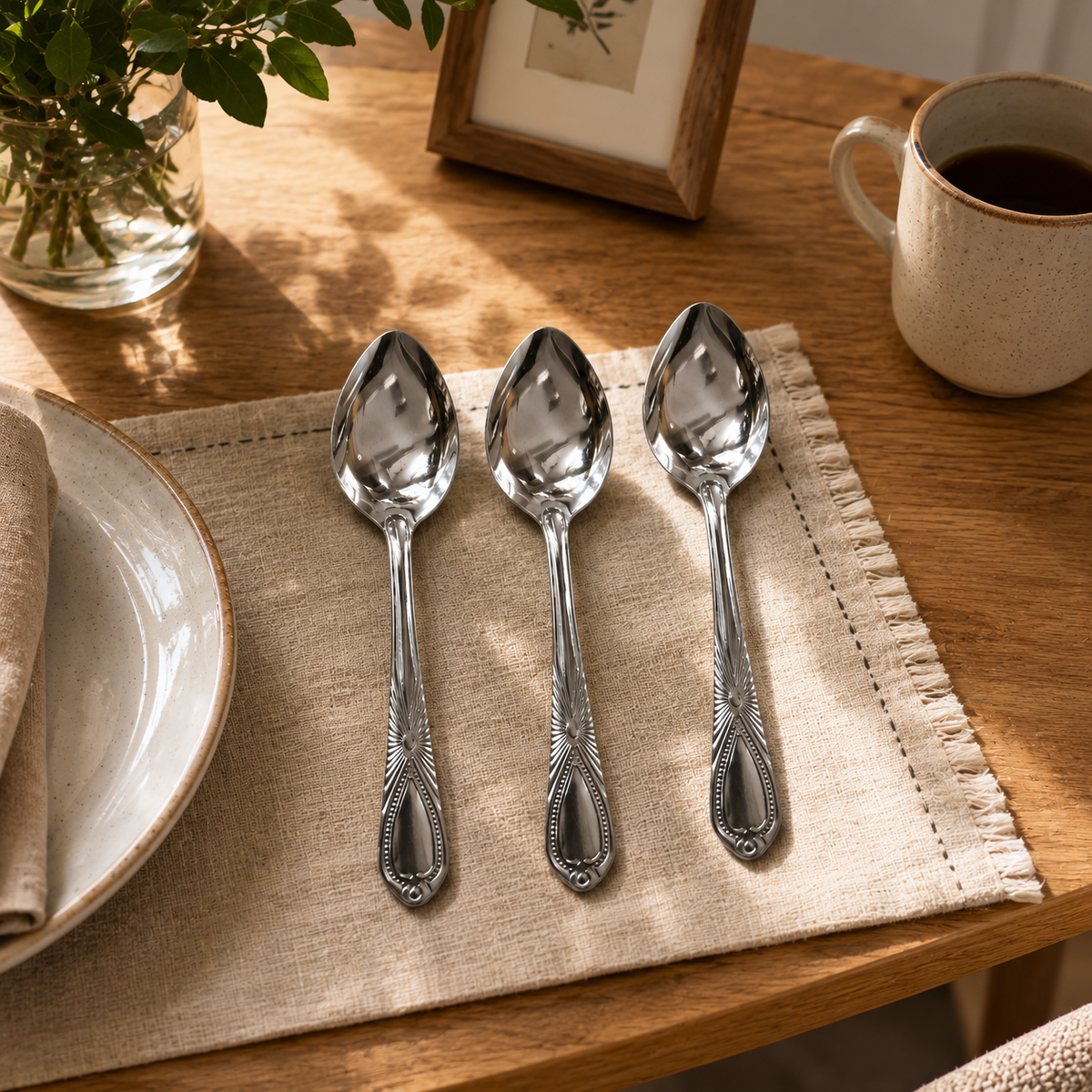 Imagen generada con IA de tres cucharas plateadas; es ilustrativa y no una foto real del set de seis.