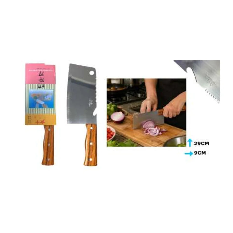 Cuchillo tipo hachuela con hoja ancha y mango de madera; gráfica indica 29 cm de largo y 9 cm de ancho.
