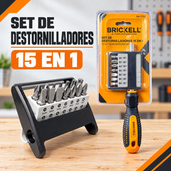 Infografía ilustrada del set Brickell BK-2731 de destornilladores, presentación 15 en 1; no es una fotografía.