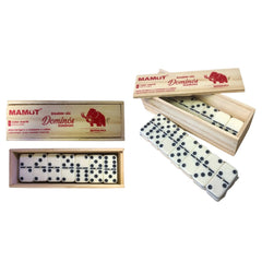 Juego de dominó marfil de 28 fichas en estuche de madera, mostrado abierto y cerrado.