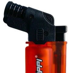Detalle del cabezal negro y cuerpo naranja translúcido del encendedor soplete Floppi FL-FP16.