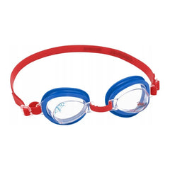 Lentes de natación infantiles azules con correa roja, vista frontal. La marca y el diseño Spider-Man no se distinguen.
