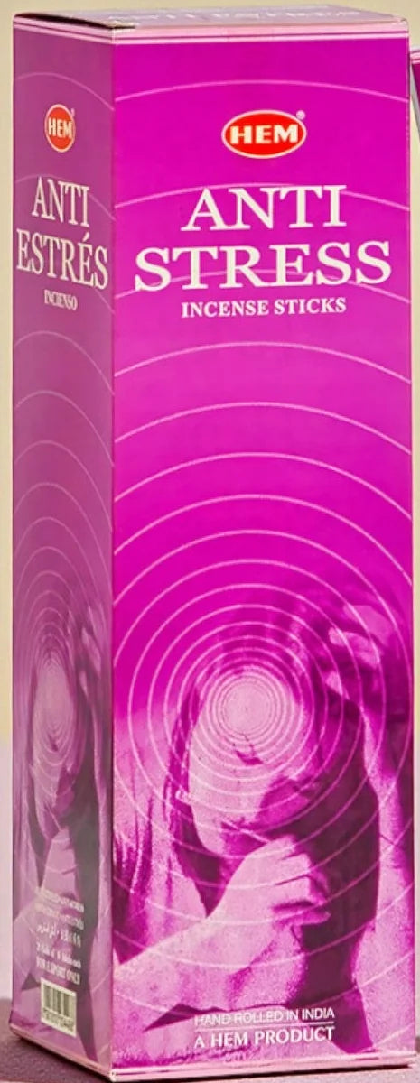 Caja exhibidora HEM Anti-Stress: detalle del frente magenta y del lateral en español.