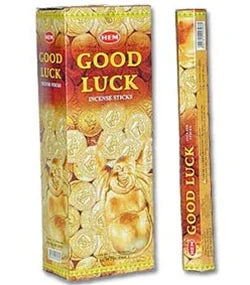 Caja HEM Good Luck hexagonal, vistas frontal y lateral del empaque de 20 g.