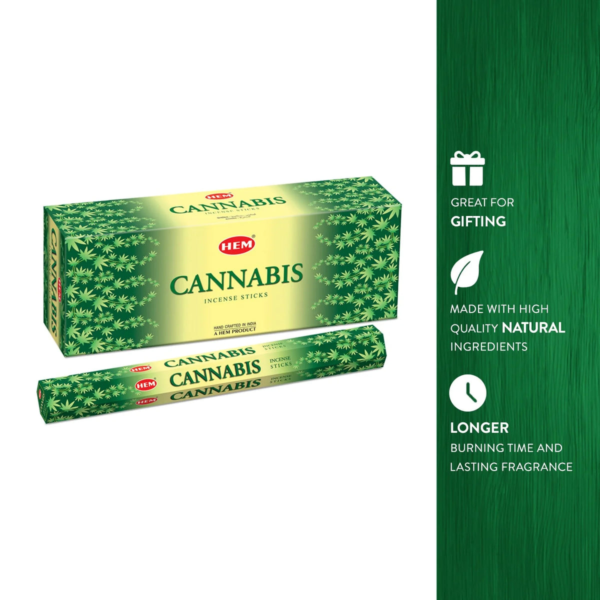 Caja HEM Cannabis Hexa de seis paquetes junto a una varilla encendida en su soporte.