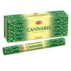 Caja HEM Cannabis Hexa con seis paquetes, empaque frontal verde y amarillo.