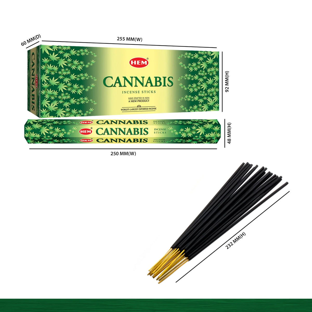 Presentación HEM Cannabis Hexa con medidas de la caja y longitud de las varillas.