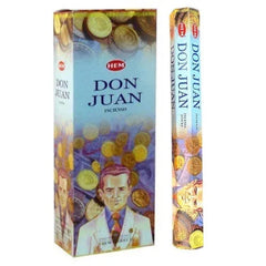 Caja HEM Don Juan azul con monedas doradas y tubo hexagonal a juego, vista frontal