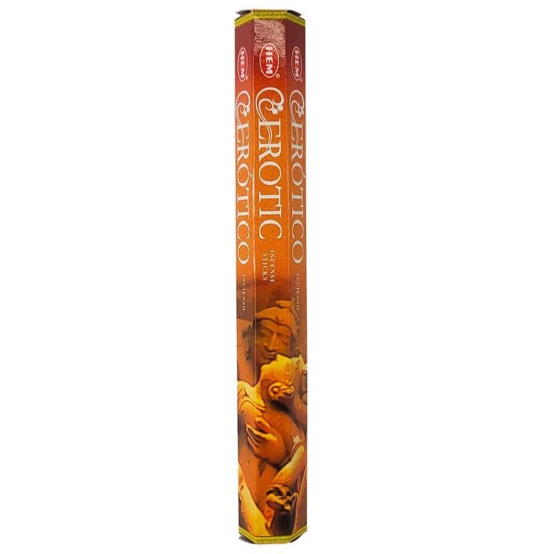 Tubo hexagonal HEM Erótico rojo y naranja con relieve de pareja, vista frontal