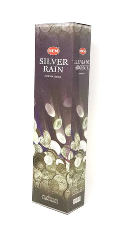 Empaque HEM Silver Rain con la etiqueta Lluvia de Argente y monedas, vista frontal y lateral