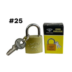 Candado CASTOR de 25 mm con llave junto a su caja, vista frontal.
