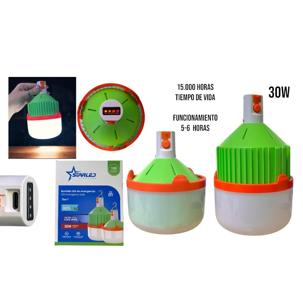 Bombillo recargable LED verde de 30 W con caja y detalles de carga USB