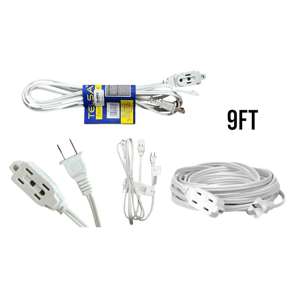 Collage de una extensión blanca TELSA de 9 ft, su cable enrollado y sus conectores.