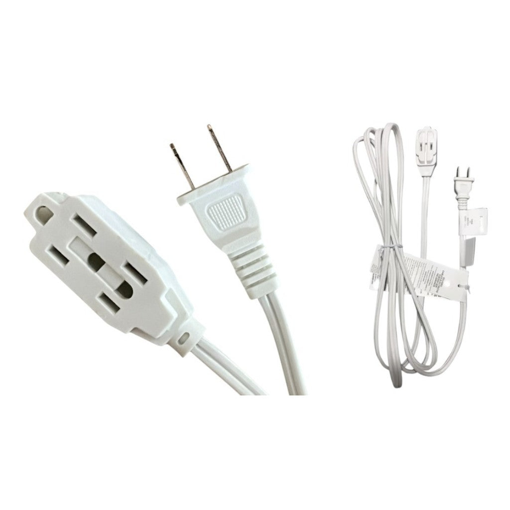 Detalle de los conectores de una extensión TELSA blanca, con clavija y toma múltiple.