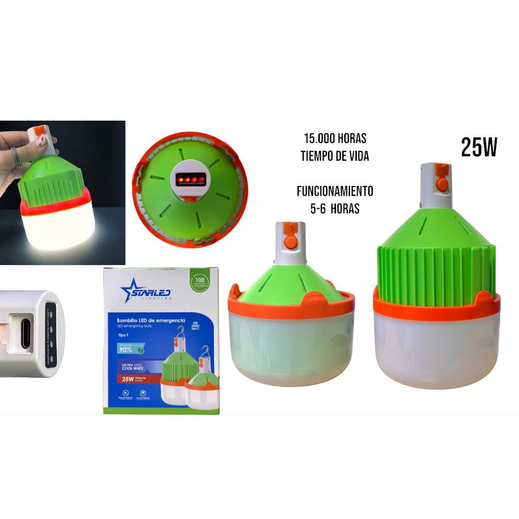 Bombillo LED recargable verde con base y controles, gráfico de producto 25 W