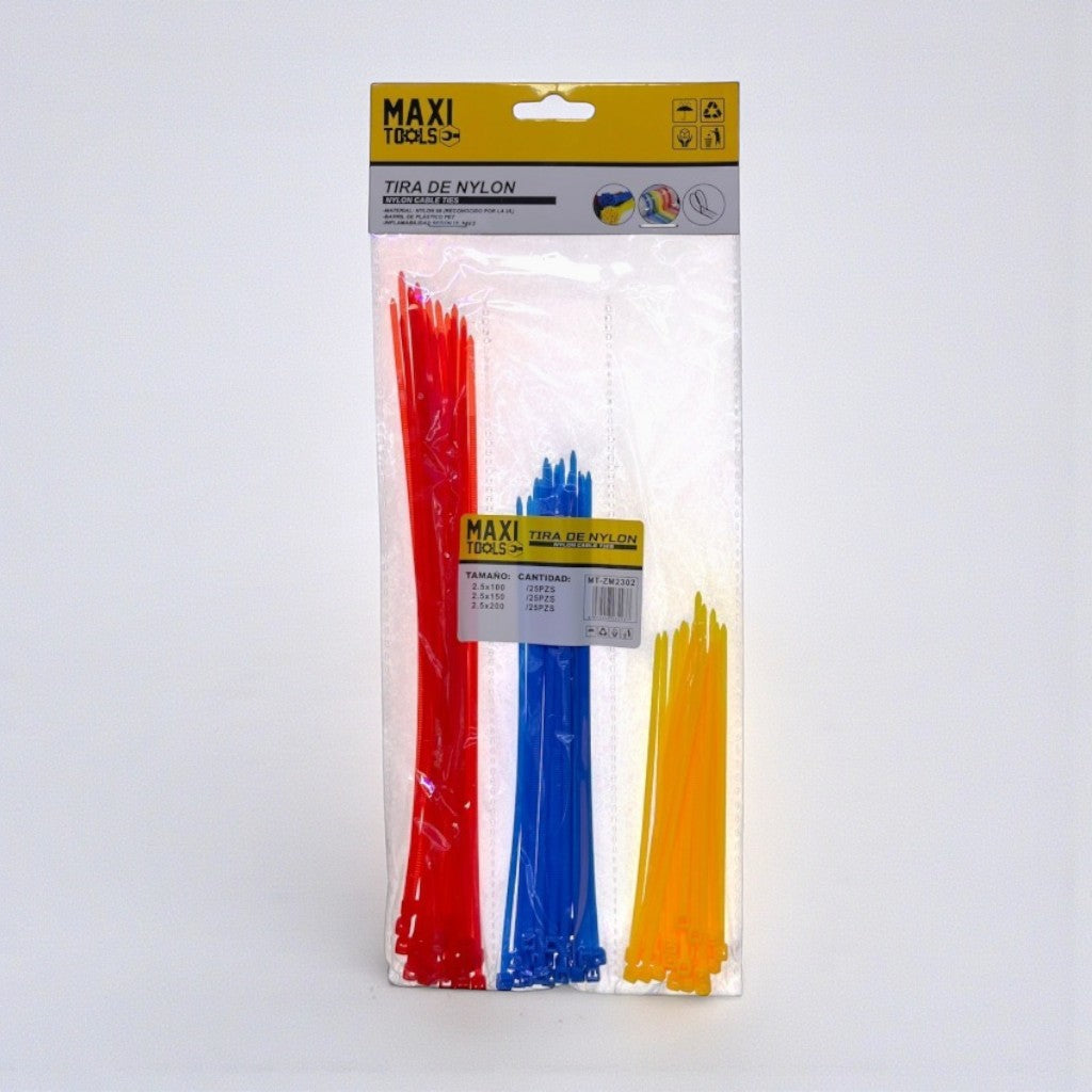Paquete de amarras plásticas de nylon Maxi Tools en colores rojo, azul y amarillo.