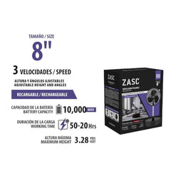 Ventilador portátil plegable ZASC de 8 pulgadas, segunda vista del equipo asociado a Z-FWS-F8; ficha de altura ajustable por confirmar.