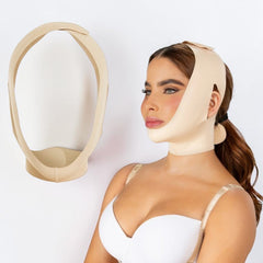 Mentonera facial beige colocada bajo la barbilla y alrededor de la cabeza