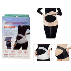 Faja de soporte para embarazo beige, mostrada puesta de frente y de lado junto a empaque con instrucciones visuales.