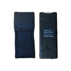 Dispositivo negro TW-801 Type junto a funda textil, detalle de etiqueta