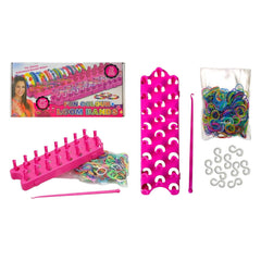Telar rosa, gancho y ligas multicolor para hacer pulseras
