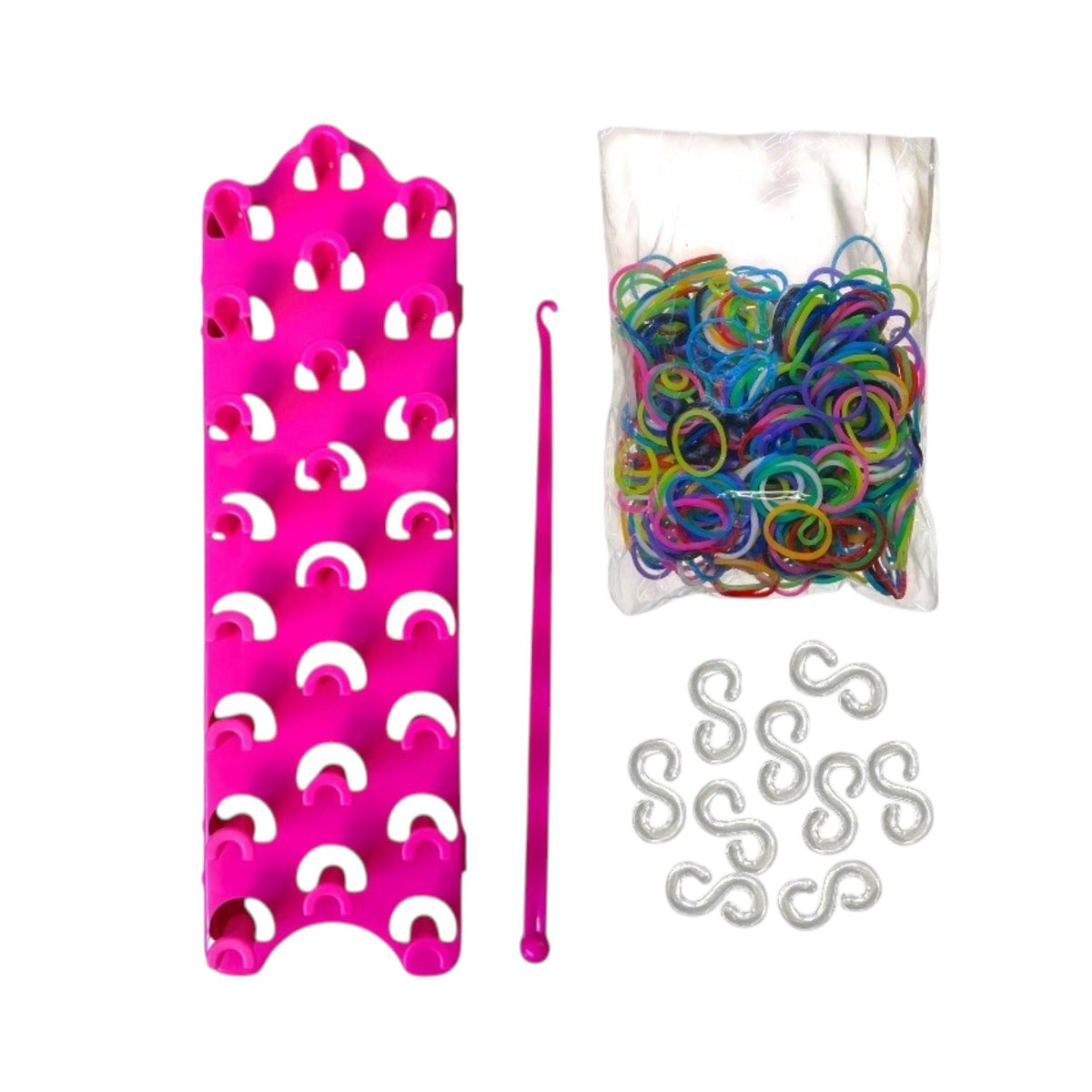 Set de confección de pulseras con telar rosa y ligas de colores