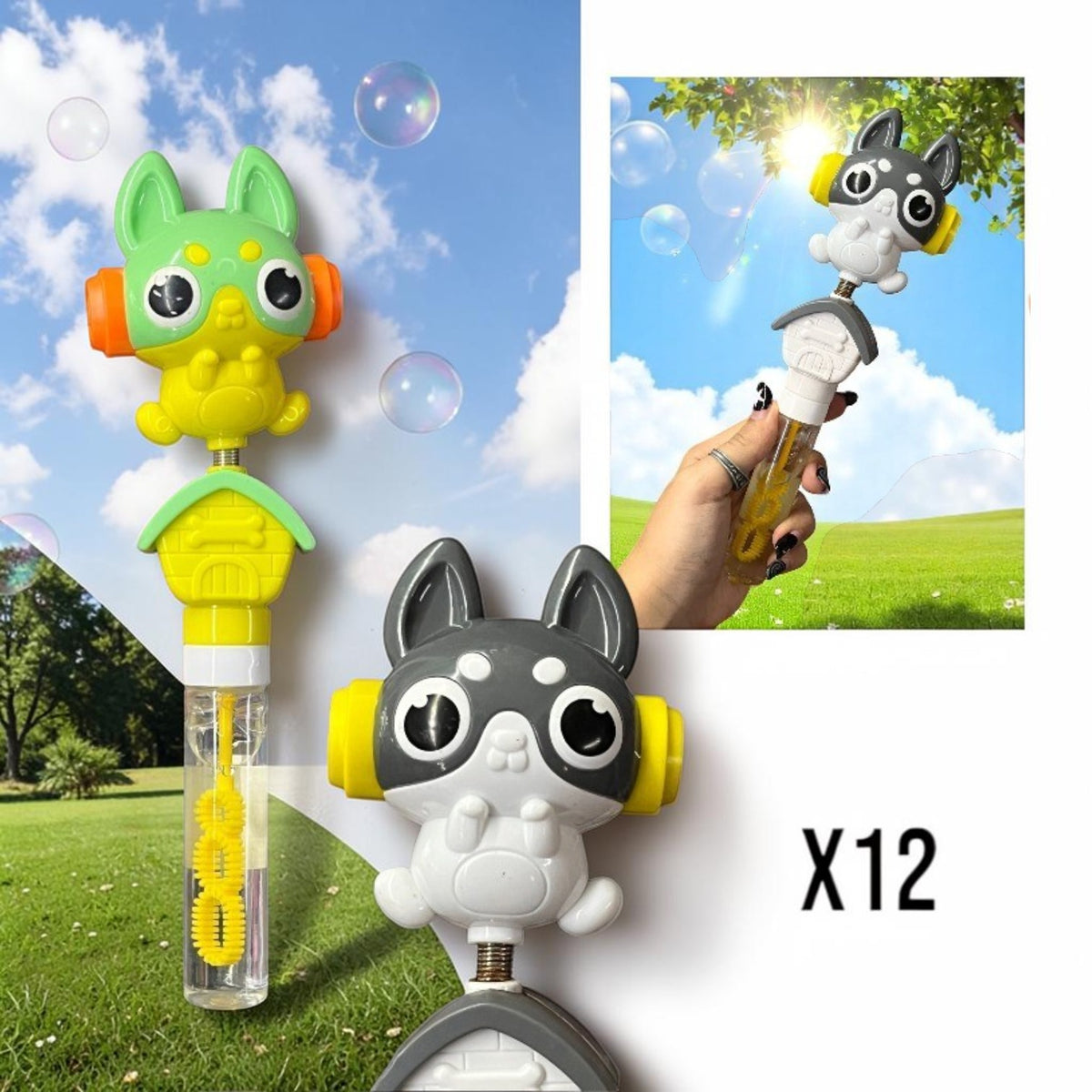 Burbujeador infantil con figura de conejo verde y líquido jabonoso; la imagen enseña el juguete en uso y burbujas.