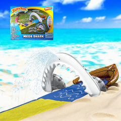 Tobogán inflable Intex Mega Shark amarillo y azul con empaque, en la playa