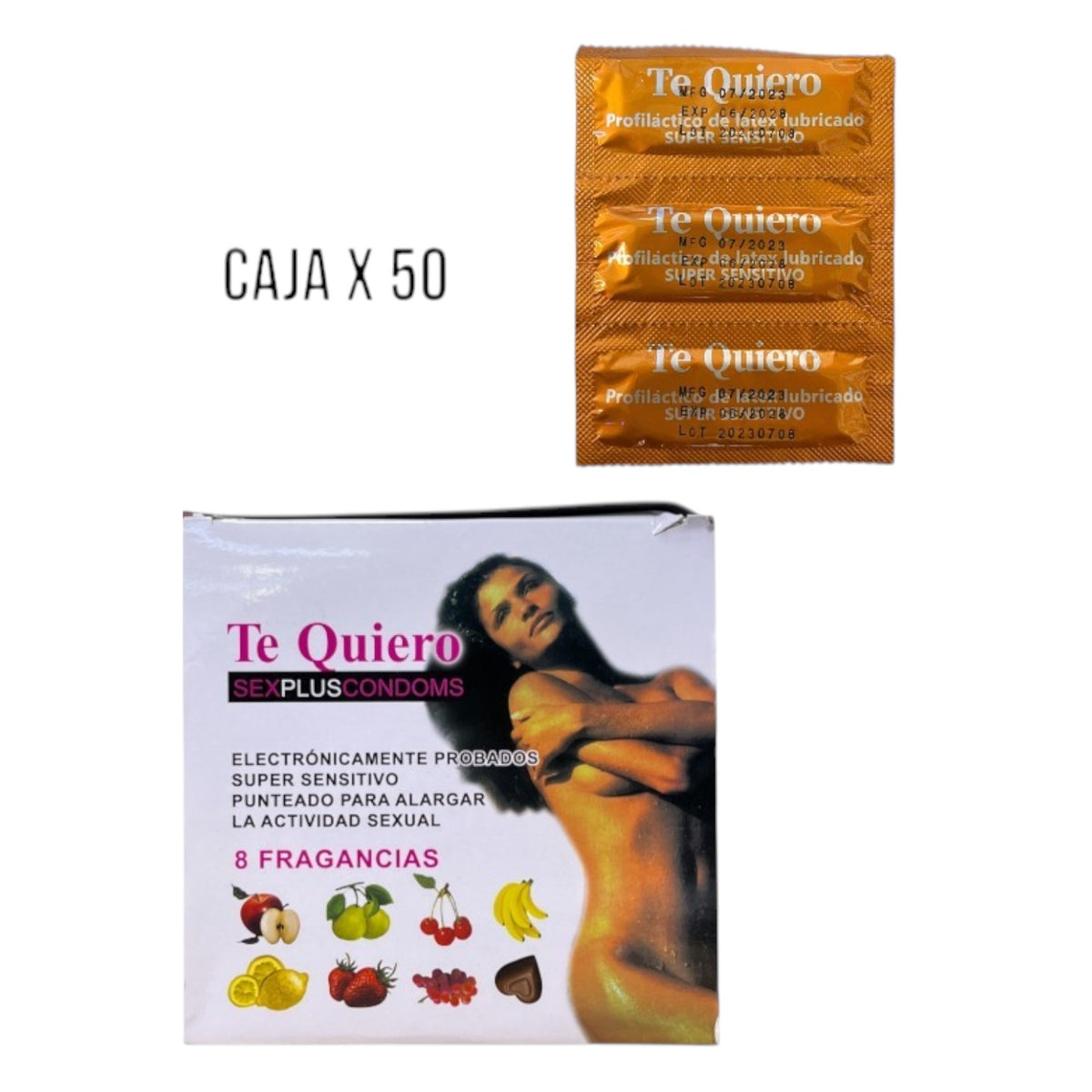 Sobre Te Quiero Super Sensitivo con tres preservativos y caja de 50 sobres