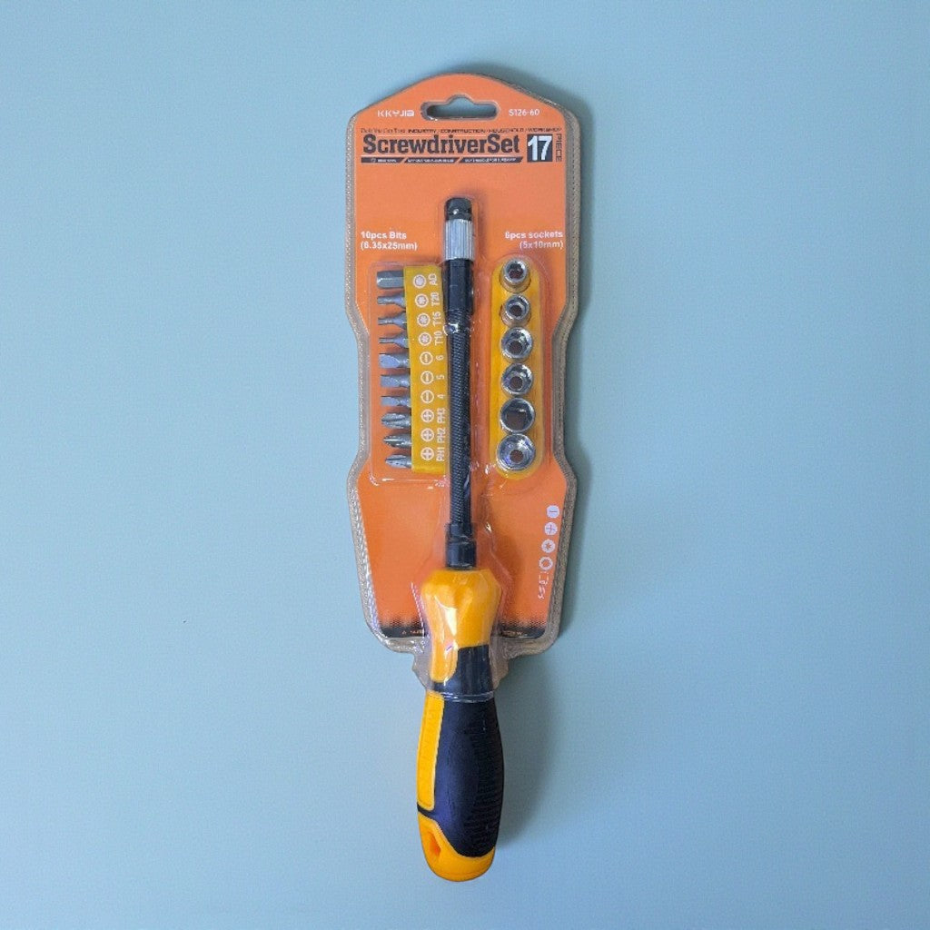 Destornillador con puntas y accesorios en estuche naranja, vista frontal