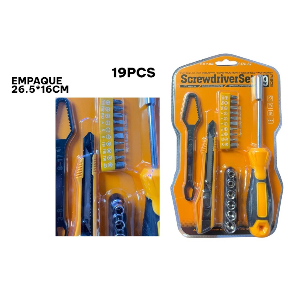Set de herramientas S126-67 de 19 piezas con empaque de 26,5 por 16 cm y detalle de puntas.