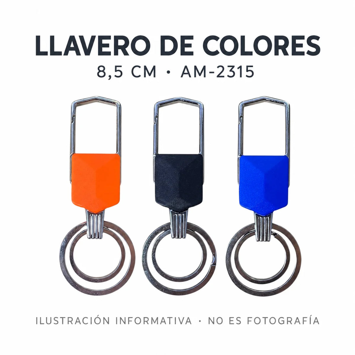Ilustración informativa de llaveros AM-2315 naranja, negro y azul con aro redondo y asa metálica rectangular; no es fotografía.