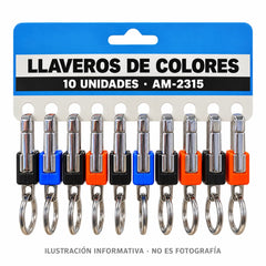 Ilustración del exhibidor de diez llaveros AM-2315 de varios colores y diseño metálico; no es fotografía.