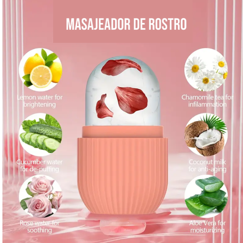 Masajeador facial de hielo DP-8871 con depósito para agua o ingredientes y cabezal esférico; no se aprecia un cepillo facial.