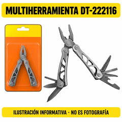 Ilustración informativa de alicate multiherramienta Diesel Tools DT-222116 con implementos desplegados; no es fotografía.