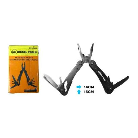 Multiherramienta Diesel Tools 19 en 1 con alicate, cuchillas y accesorios desplegados junto a su empaque.