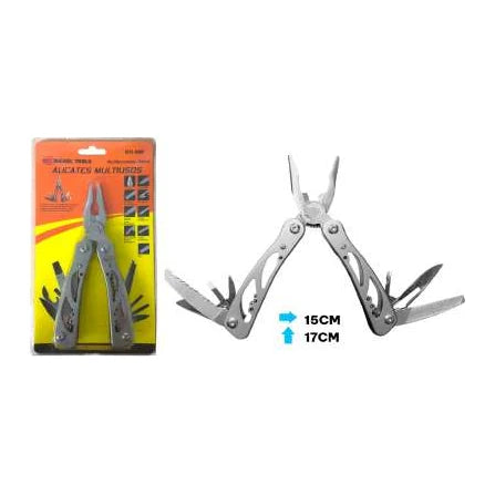 Multiherramienta de alicate con cuchillas y accesorios desplegables, presentada en empaque; gráfica indica 33 servicios.