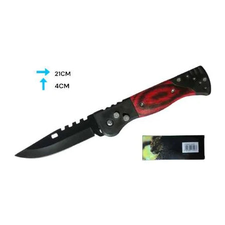 Navaja automática KA002 de 21 cm, mango negro con inserto rojo y hoja recta; empaque al fondo.
