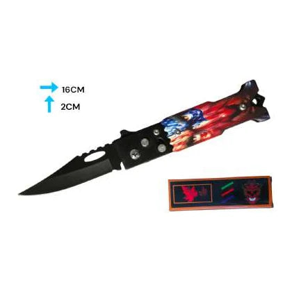 Navaja automática negra con mango de motivo rojo, blanco y azul, hoja abierta; gráfica indica 16 cm.
