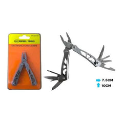 Alicate multiherramienta Diesel Tools DT-222116 con varias herramientas desplegadas y empaque individual.