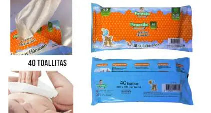 Paquete Pompositos de 40 toallitas húmedas, frente y reverso; gráfico muestra la extracción de una toallita.